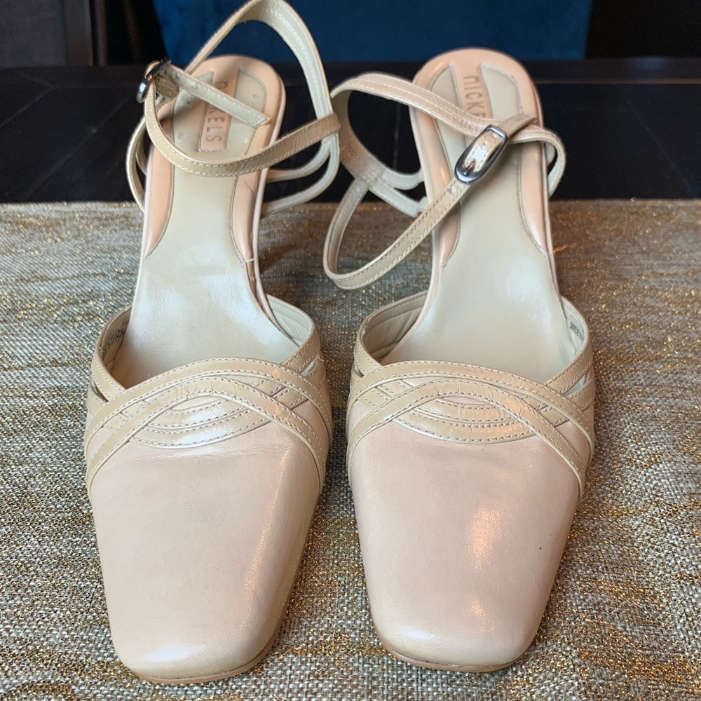 Beige Nickels square toe sling back heel.